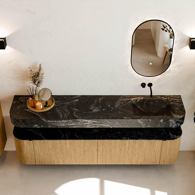 MONDIAZ THOR-DLUX 200cm meuble de salle de bains arrondi gauche + droite couleur Chêne avec 2 tiroirs et 2 portes. Vasque suspendue CLOUD Droite sans trou de robinet couleur Lava.