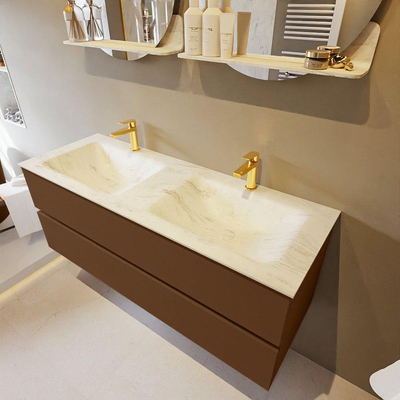 Mondiaz VICA-DLUX ensemble de meuble de salle de bain - 130cm - meuble sous-vasque repos - 2 tiroirs - lavabo encastré cloud double - 2 trous de robinet - version haute de 60cm - opalo