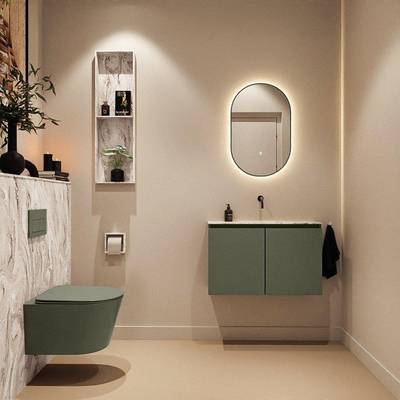 MONDIAZ TURE-DLUX Meuble toilette - 80cm - Army - EDEN - vasque Glace - position centrale - sans trou de robinet