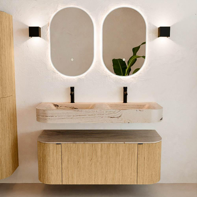 MONDIAZ THOR-DLUX 120cm meuble de salle de bains arrondi gauche + droite couleur Chêne avec 1 tiroir et 2 portes. Vasque suspendue CLOUD Double 2 trous de robinet couleur Arena.