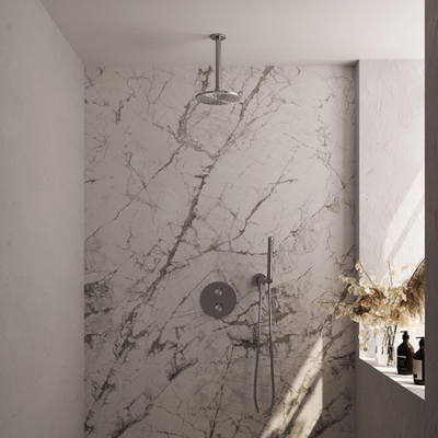 BRAUER Édition Brossée douche pluie thermostatique encastrée - 3 voies - rond - set 77 - douche principale de 20 cm - bras plafond - douchette à main - flexible de douche - coude mural - inox brossé PVD