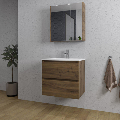 Saniclass Chaci Ensemble meuble de salle de bains - 60x46x55cm - lavabo en céramique blanc - 1 vasque - 1 trou de robinet - 2 tiroirs - armoire de toilette - noyer (bois)