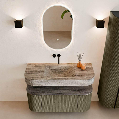 MONDIAZ THOR-DLUX 110cm meuble de salle de bains arrondi gauche + droite couleur Shadow avec 1 tiroir et 2 portes. Vasque suspendue CLOUD Milieu sans trou de robinet couleur Oza.