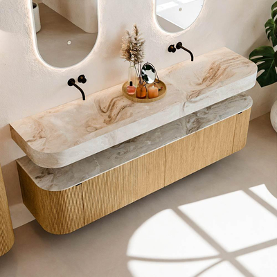 MONDIAZ THOR-DLUX Meuble de salle de bains - 190cm - arrondi gauche + droite - couleur Oak - 2 tiroirs et 2 portes - Lavabo suspendu CLOUD Double sans trou de robinet - couleur Frappe