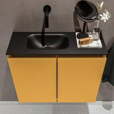 MONDIAZ TURE Toiletmeubel 60x23x50cm met 0 kraangaten 2 deuren ocher mat Wastafel Eden links Solid Surface Zwart