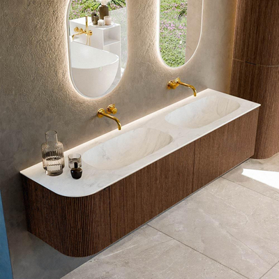 MONDIAZ KURVE-DLUX Meuble de salle de bains 175 cm avec module 25 L couleur Walnut avec 2 tiroirs et 1 porte. Lavabo STOR SMALL double / à droite sans trou de robinet couleur Opalo.