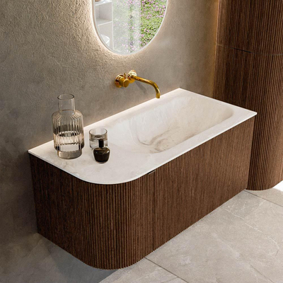 MONDIAZ KURVE-DLUX 95cm meuble de salle de bains avec module 25 L couleur Walnut avec 1 tiroir et 1 porte. Vasque BIG SMALL à droite sans trou de robinet couleur Frappe.