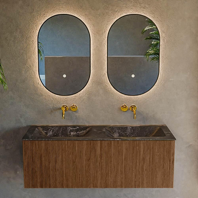 MONDIAZ KURVE-DLUX 120cm Meuble salle de bain - couleur Walnut - 1 tiroir - vasque LEAF double - sans trou de robinet - couleur Lava