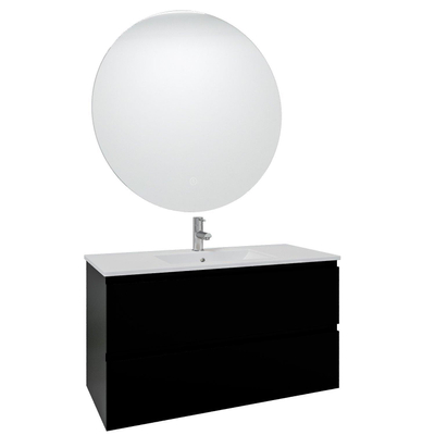 Adema Chaci Meuble salle de bain - 100x46x57cm - 1 vasque en céramique blanche - 1 trou de robinet - 2 tiroirs - miroir rond avec éclairage - noir mat