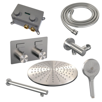 BRAUER Brushed Edition Douche de pluie thermostatique encastrée - boutons-poussoirs - SET 56 - pomme de douche 30cm - bras mural droit - douchette 3 jets - flexible de douche - coude d'alimentation mural - inox brossé PVD