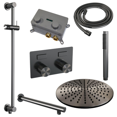 BRAUER Gunmetal Carving opbouw regendoucheset – Ø30 cm hoofddouche – 39.4 cm rechte wandarm – staafhanddouche – met omstel