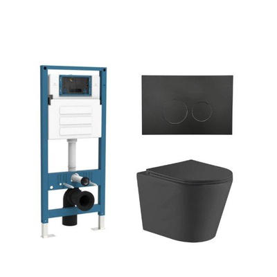 QeramiQ Dely Ensemble de toilette - réservoir encastré Qeramiq Flush - abattant slim - plaque de commande noire mate en métal - boutons ronds - noir mat