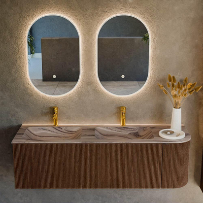 MONDIAZ KURVE-DLUX 145cm badmeubel ronding Rechts kleur Walnut met 1 lade en 1 deur. Wastafel LEAF Dubbel / Links 2 kraangaten Sombra.