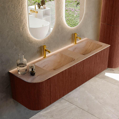 MONDIAZ KURVE-DLUX Meuble de salle de bains 155cm arrondi à gauche couleur Ruby avec 2 tiroirs et 1 porte. Lavabo LEAF Double / À droite 2 trous de robinet Saba.