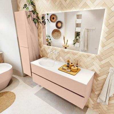 Mondiaz VICA Ensemble de meuble de salle de bain - 130cm - meuble sous-vasque rosee - 2 tiroirs - lavabo moon gauche - sans trous de robinet - version haute de 60cm - talc