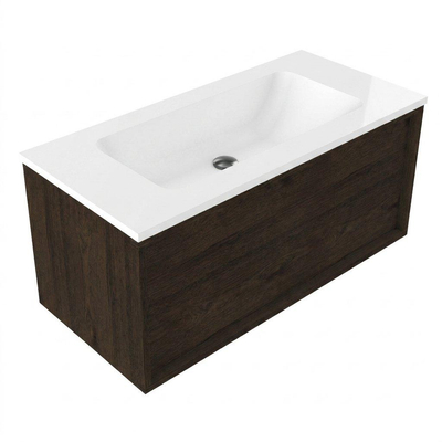 Saniclass Holz Frame Ensemble de meubles de salle de bains - 100x45x57.5cm - lavabo Torino en solid surface blanc - sans trou de robinetterie - 1 tiroir - chêne charcoal mat (bois)