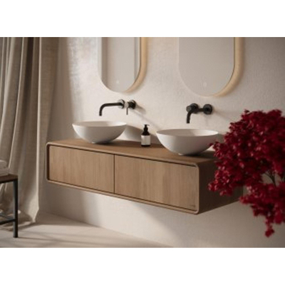 Looox Wooden Rounded – Meuble de salle de bains – 30 × 120 × 46 cm – 2 tiroirs – chêne gris
