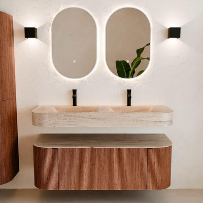 MONDIAZ THOR-DLUX Meuble de salle de bains 130cm arrondi gauche + droite couleur Ruby avec 1 tiroir et 2 portes. Vasque suspendue CLOUD Double 2 trous de robinet couleur Saba.