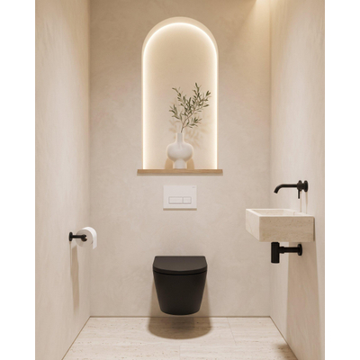 QeramiQ Dely Toiletset - 36.3x51.7cm - diepspoel - rimless - Geberit UP320 inbouwreservoir - softclose toilet zitting - 35mm - glans witte bedieningsplaat - rechthoekige knoppen - mat zwart