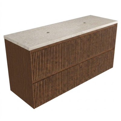 Saniclass Holz Atelier Ensemble de meubles de salle de bains - 140x45x63cm - Plan de toilette en pierre naturelle travertin - sans trou de robinetterie - 4 tiroirs - walnut pure mat (bois)