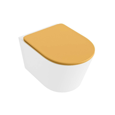 Mondiaz LAVIE hangtoilet – spoelrandloos – 36 x 53 cm – met softclose zitting – Talc (wit), zitting Ocher (geel)