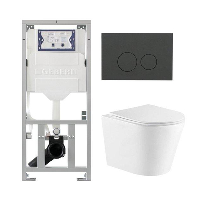 QeramiQ Dely Toiletset - 36.3x51.7cm - diepspoel - rimless - Geberit UP320 inbouwreservoir - met Burda frame - softclose toiletzitting - bedieningsplaat mat antraciet - ronde knoppen - wit mat