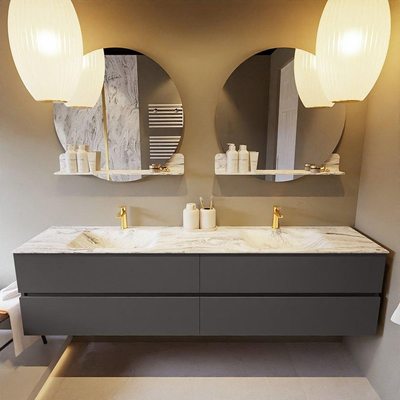 Mondiaz VICA-DLUX ensemble de meuble de salle de bain - 200cm - meuble sous-vasque gris foncé - 4 tiroirs - lavabo encastré cloud double - 2 trous de robinet - version haute de 60cm - glace