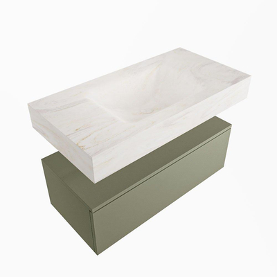 Mondiaz ALAN-DLUX Ensemble de meuble - 90cm - meuble Army mat - 1 tiroir - Lavabo Cloud Ostra suspendu - vasque Centre - 1 trou de robinet