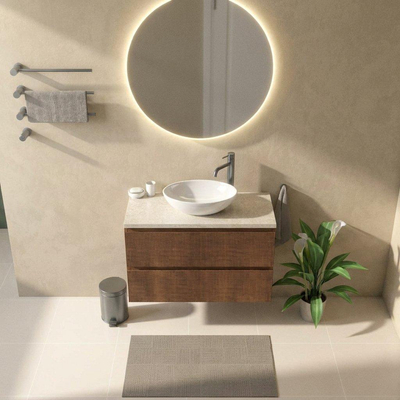 Saniclass Holz Atelier Ensemble meuble de salle de bains - 100x45x63cm - Plan en pierre naturelle travertin - 1 trou de robinet - 2 tiroirs - walnut pure mat (bois)