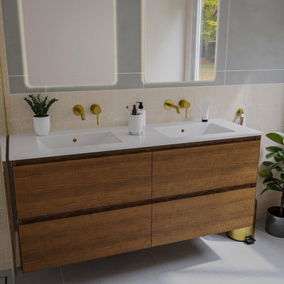 Saniclass Holz Atelier Meuble de salle de bain - 140x45x60cm - lavabo en céramique blanc - 2 vasques - sans trous de robinet - 4 tiroirs - Walnut pure