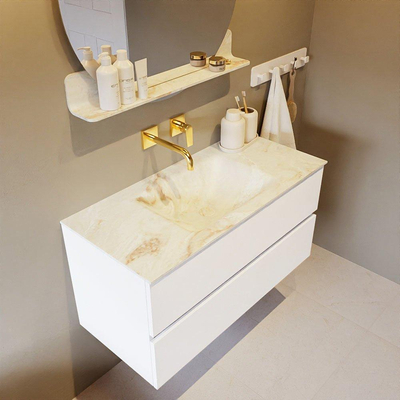 MONDIAZ VICA-DLUX Ensemble meuble de salle de bains - 100cm - sous-meuble talc - 2 tiroirs - lavabo encastré cloud centré - sans trous de robinet - version haute 60cm - frape