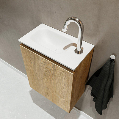 MONDIAZ TURE Kit lave-mains - 40x23x50cm - 1 trou de robinet - 1 porte - chêne blanchi mat - Lavabo à gauche - Solid Surface Blanc