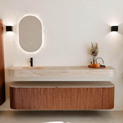 MONDIAZ THOR-DLUX Meuble de salle de bains - 190cm - arrondi gauche + droite - couleur Ruby - 2 tiroirs - 2 portes - Vasque suspendue CLOUD Gauche 1 trou de robinet - couleur Saba