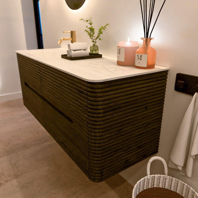 Mondiaz CIRO-DLUX Badkamermeubelset - 130x45x50cm - Solid surface wastafel Opalo - 1 wasbak Links - 1 kraangat - 4 lades - Shadow