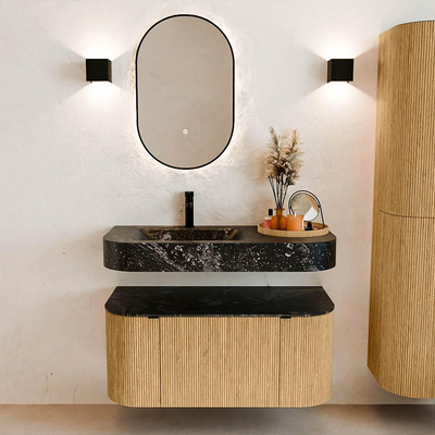 MONDIAZ THOR-DLUX 100cm meuble de salle de bains arrondi gauche + droite couleur Oak avec 1 tiroir et 2 portes. Vasque suspendue CLOUD Gauche 1 trou de robinet couleur Lava.