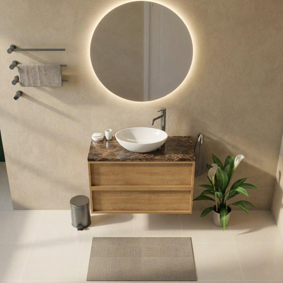 Saniclass Holz Frame Ensemble de meubles de salle de bains - 100x45x63cm - Plan de travail en pierre naturelle Noche dark emperador - 1 trou de robinetterie - 2 tiroirs - chêne natural mat (bois)