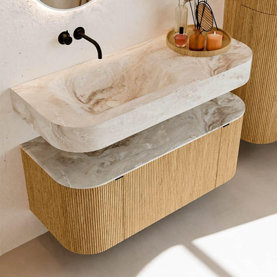 MONDIAZ THOR-DLUX 110cm badmeubel ronding links + rechts kleur Oak met 1 lade en 2 deuren. Vrijhangende wastafel CLOUD Links zonder kraangat kleur Frappe.