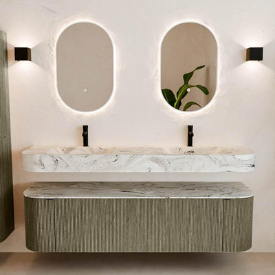 MONDIAZ THOR-DLUX 170cm meuble de salle de bains arrondi gauche + droite couleur Shadow avec 1 tiroir et 2 portes. Vasque suspendue CLOUD Double 2 trous de robinet couleur Glace.