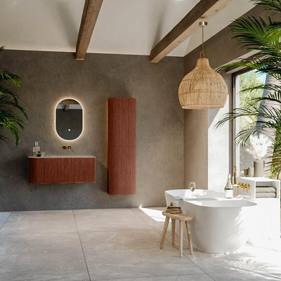 MONDIAZ KURVE-DLUX meuble de salle de bains 105cm arrondi à gauche couleur Ruby avec 1 tiroir et 1 porte. Lavabo BIG SMALL à droite sans trou de robinet Saba.