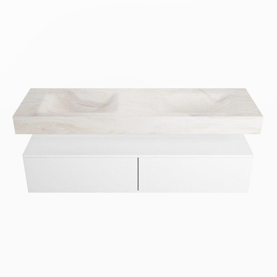 Mondiaz ALAN-DLUX Ensemble de meuble - 150cm - meuble Talc mat - 2 tiroirs - Lavabo Cloud Ostra suspendu - vasque Gauche et droite - 2 trous de robinet