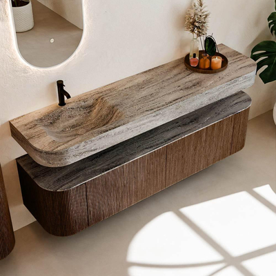 MONDIAZ THOR-DLUX Meuble de salle de bains 180cm arrondi gauche + droite couleur Walnut avec 2 tiroirs et 2 portes. Vasque suspendue CLOUD Gauche 1 trou de robinet couleur Oza.