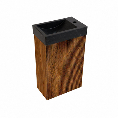 Saniclass Holz Atelier Ensemble de meuble de toilette - 40x60.5cm - 1 porte - lave-mains pierre naturelle foncée - trou de robinet à droite - walnut pure