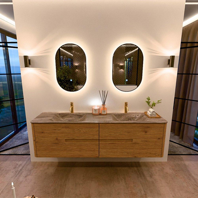 Mondiaz CIRO-DLUX Badkamermeubelset - 180x45x50cm - Solid surface wastafel Oza - 2 wasbak Dubbel - 2 kraangaten - 4 lades - Oak