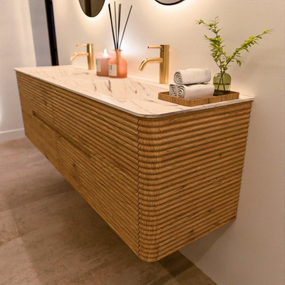 Mondiaz CIRO-DLUX Ensemble de meubles de salle de bains - 170x45x50cm - Plan vasque solid surface Nata - 2 vasques double - 2 trous de robinet - 4 tiroirs - Chêne