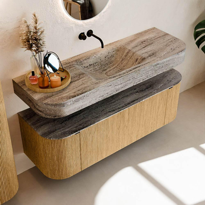 MONDIAZ THOR-DLUX 140cm badmeubel ronding links + rechts kleur Oak met 1 lade en 2 deuren. Vrijhangende wastafel CLOUD Midden zonder kraangat kleur Oza.