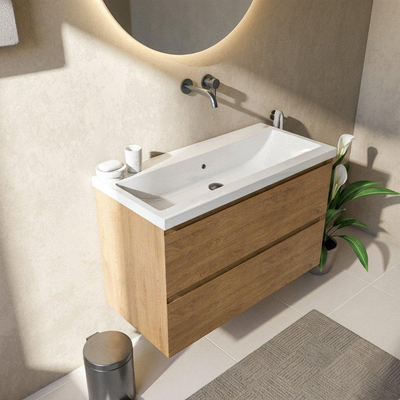 Saniclass Holz Pure Ensemble de meubles de salle de bains - 100x45x63.5cm - Vasque Bari en céramique blanche - 1 vasque - sans trou de robinet - 2 tiroirs - chêne natural mat (bois)