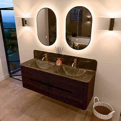 Mondiaz CIRO-DLUX Badkamermeubelset - 140x45x50cm - Solid surface wastafel Lava - 2 wasbak Dubbel - 2 kraangaten - 4 lades - Walnut