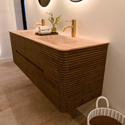 Mondiaz CIRO-DLUX Badkamermeubelset - 150x45x50cm - Solid surface wastafel Saba - 2 wasbak Dubbel - 2 kraangaten - 4 lades - Dusk