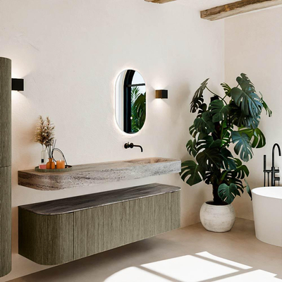 MONDIAZ THOR-DLUX 170cm meuble de salle de bains arrondi gauche + droite couleur Shadow avec 1 tiroir et 2 portes. Vasque suspendue CLOUD Droite sans trou de robinet couleur Oza.