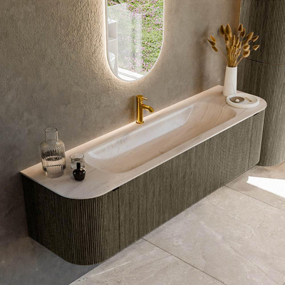 MONDIAZ KURVE-DLUX Meuble de salle de bains 170cm arrondi gauche + droite couleur Shadow avec 1 tiroir et 2 portes. Lavabo BIG LARGE Central 1 trou de robinet Meli.